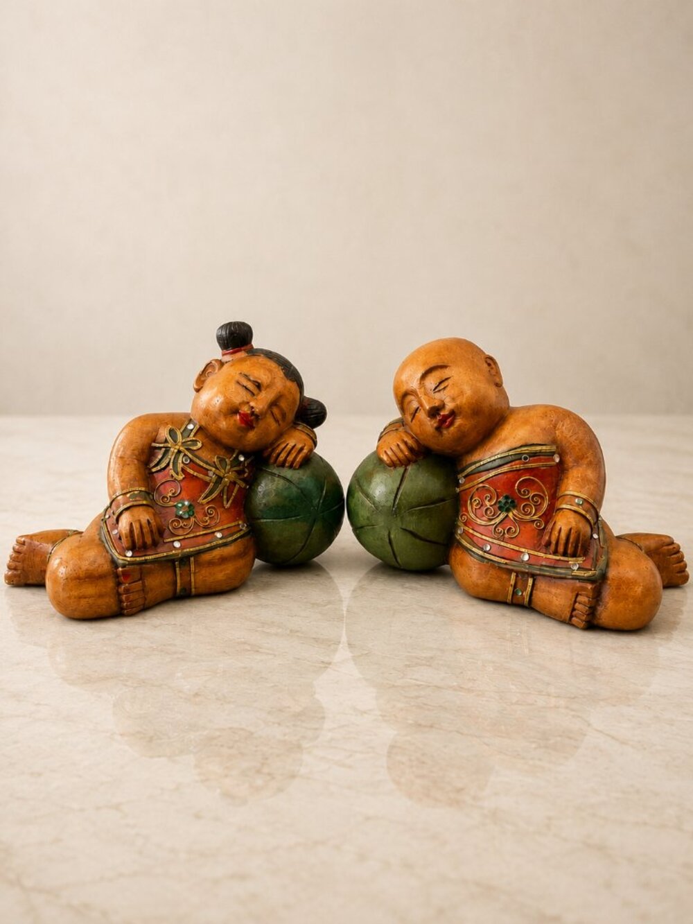 Vtg Asian Wood Hand Carved Sleeping Children Figurines Good Luck Symbol Thailand